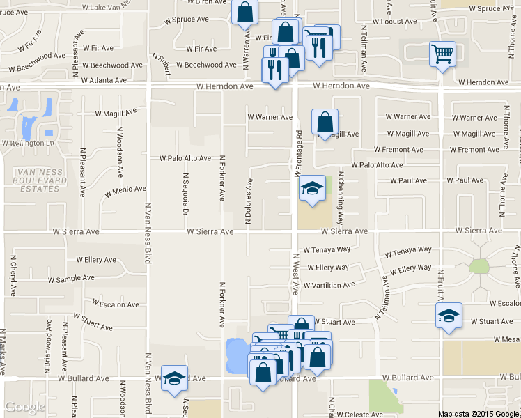 map of restaurants, bars, coffee shops, grocery stores, and more near 6448 North Dolores Avenue in Fresno