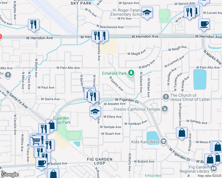 map of restaurants, bars, coffee shops, grocery stores, and more near 3725 West Della Lane in Fresno