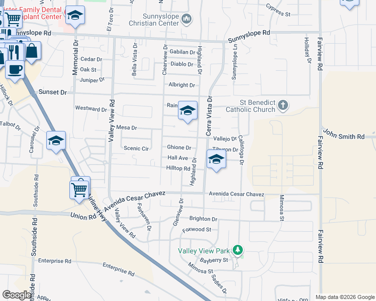 map of restaurants, bars, coffee shops, grocery stores, and more near 1501 Ghione Drive in Hollister
