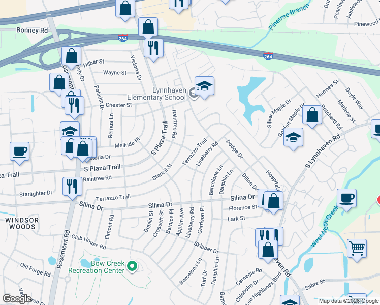 map of restaurants, bars, coffee shops, grocery stores, and more near 309 Joan Terrace in Virginia Beach