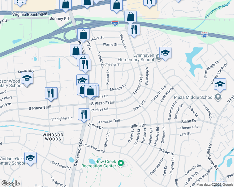map of restaurants, bars, coffee shops, grocery stores, and more near 3504 Victoria Drive in Virginia Beach