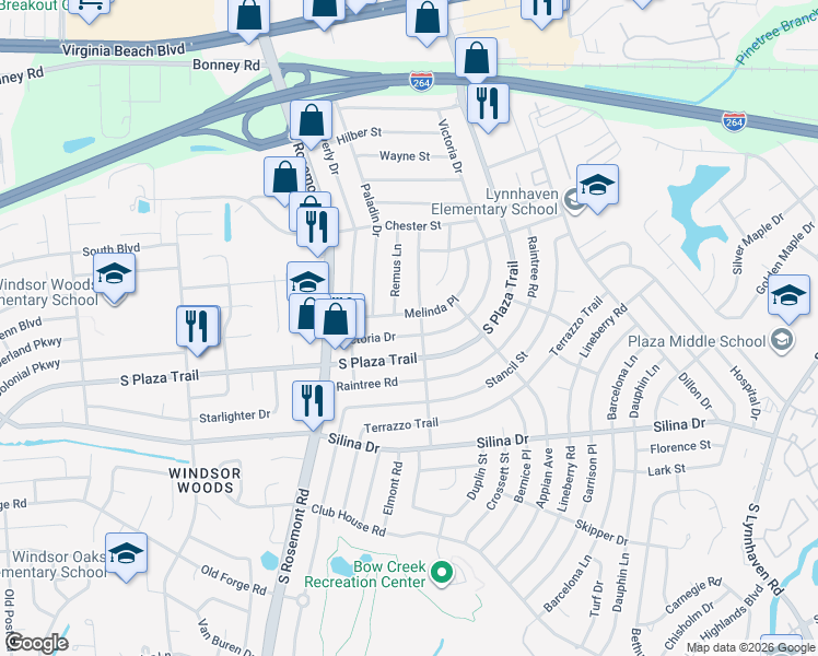 map of restaurants, bars, coffee shops, grocery stores, and more near 3504 Victoria Drive in Virginia Beach