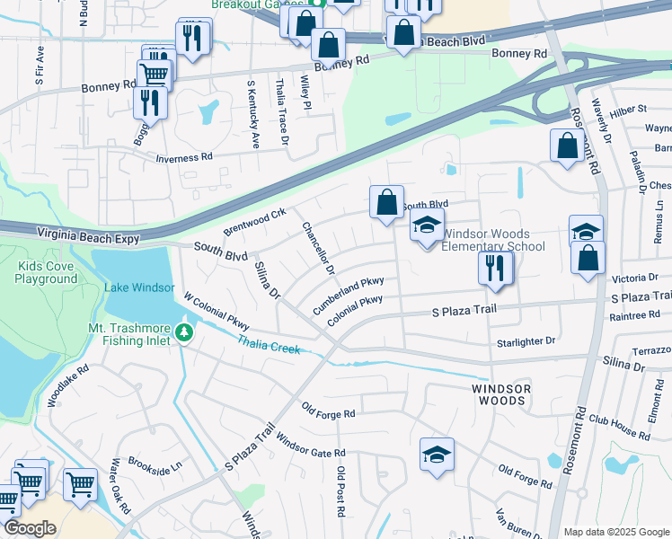 map of restaurants, bars, coffee shops, grocery stores, and more near 3844 William Penn Boulevard in Virginia Beach