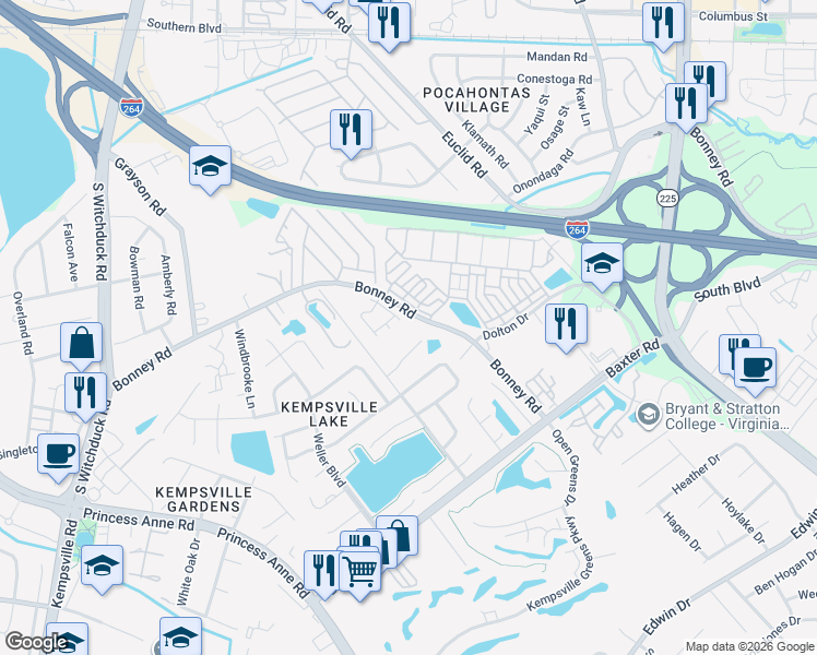 map of restaurants, bars, coffee shops, grocery stores, and more near 4897 Bonney Road in Virginia Beach