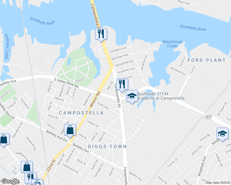map of restaurants, bars, coffee shops, grocery stores, and more near 1616 East Indian River Road in Norfolk