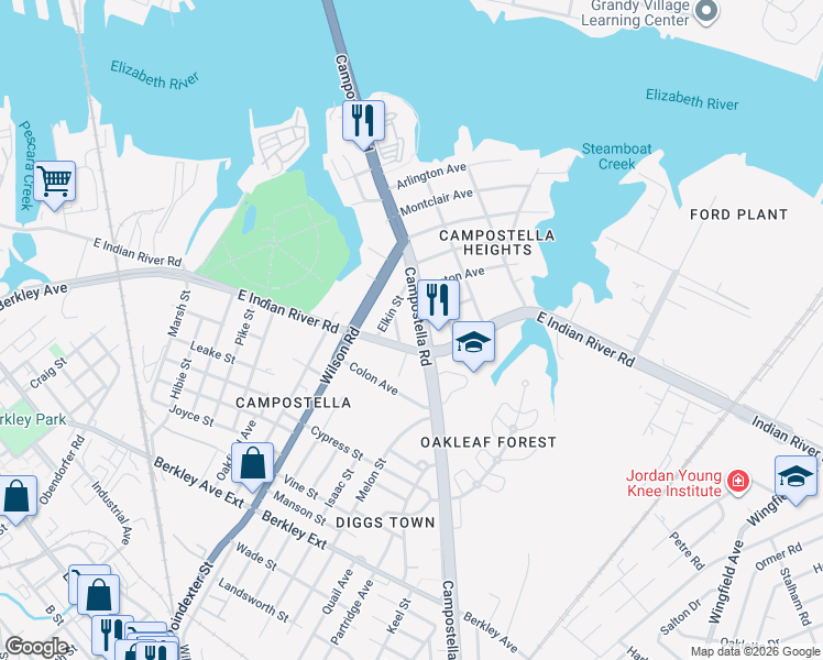 map of restaurants, bars, coffee shops, grocery stores, and more near 1616 East Indian River Road in Norfolk