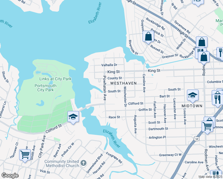 map of restaurants, bars, coffee shops, grocery stores, and more near 4602 South Street in Portsmouth