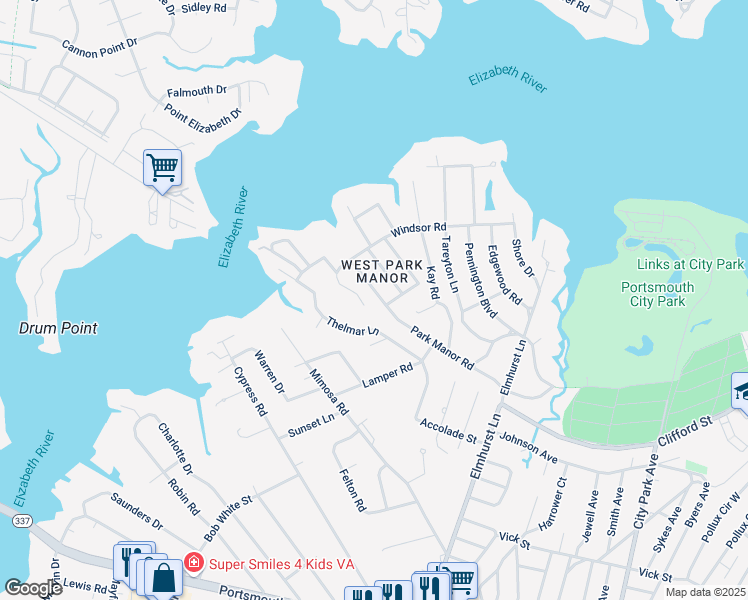 map of restaurants, bars, coffee shops, grocery stores, and more near 712 Windsor Road in Portsmouth