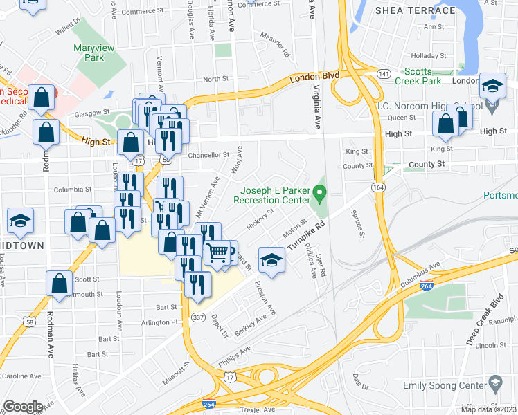 map of restaurants, bars, coffee shops, grocery stores, and more near 2617 Ash Street in Portsmouth