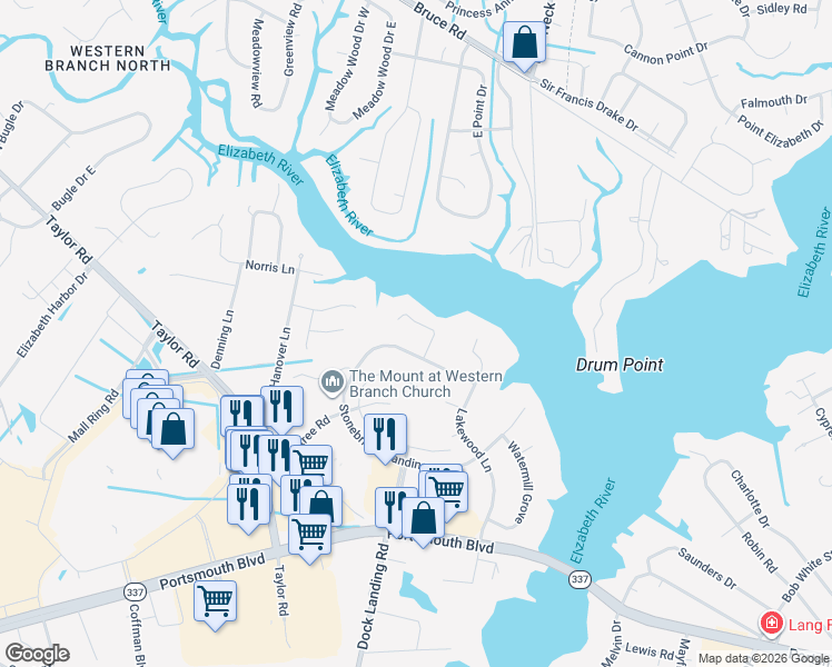 map of restaurants, bars, coffee shops, grocery stores, and more near 2512 Bellechase Court in Chesapeake