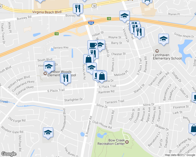 map of restaurants, bars, coffee shops, grocery stores, and more near 252 South Rosemont Road in Virginia Beach