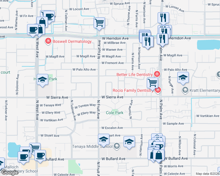 map of restaurants, bars, coffee shops, grocery stores, and more near 6463 North Arthur Avenue in Fresno