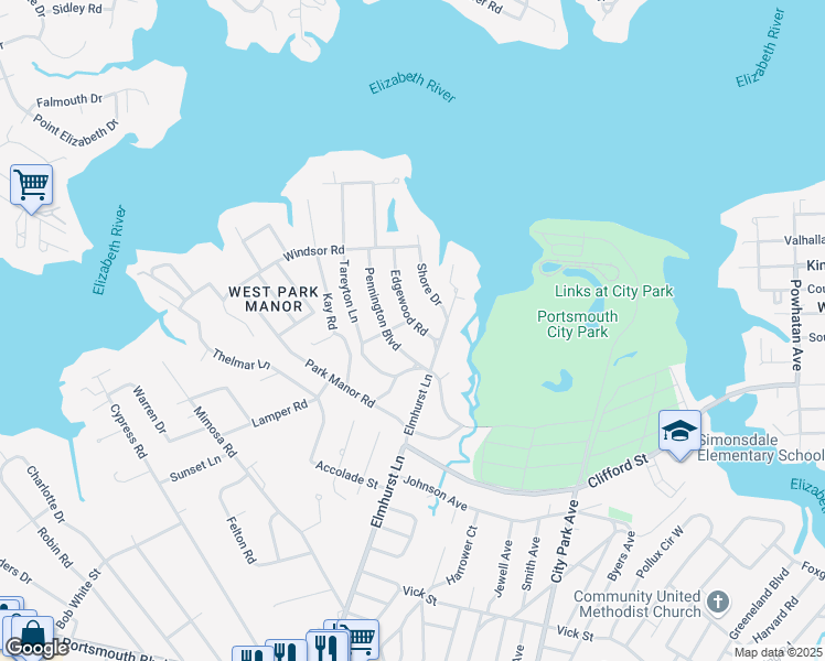 map of restaurants, bars, coffee shops, grocery stores, and more near 205 Edgewood Road in Portsmouth