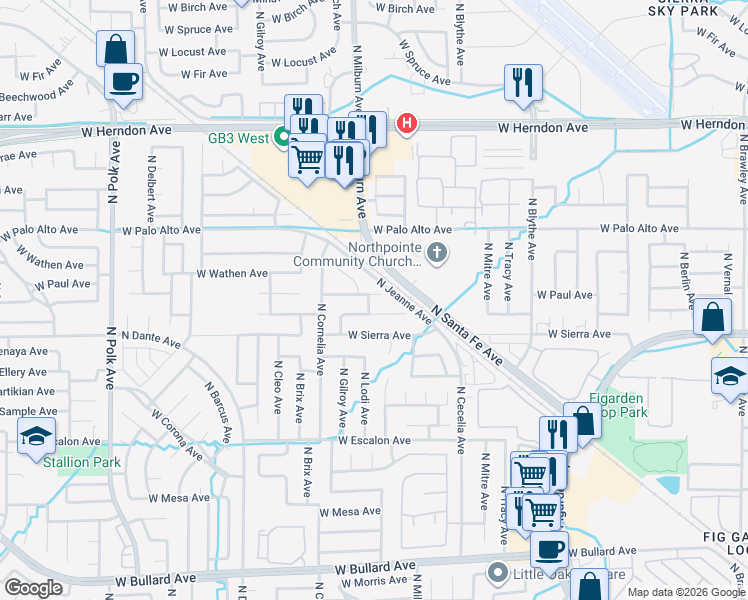 map of restaurants, bars, coffee shops, grocery stores, and more near 6460 North Lodi Avenue in Fresno