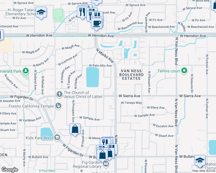 map of restaurants, bars, coffee shops, grocery stores, and more near 6463 North Blosser Avenue in Fresno