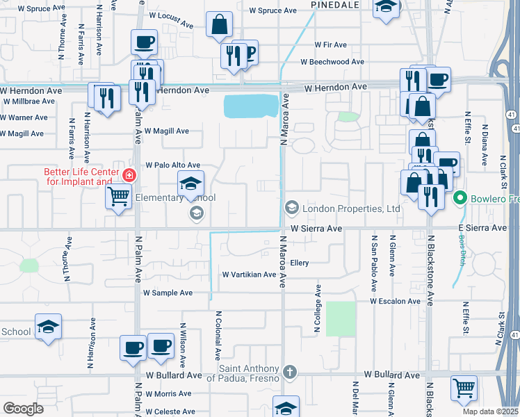 map of restaurants, bars, coffee shops, grocery stores, and more near 480 West Sierra Avenue in Fresno