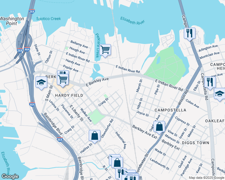 map of restaurants, bars, coffee shops, grocery stores, and more near 909 Barton Street in Norfolk
