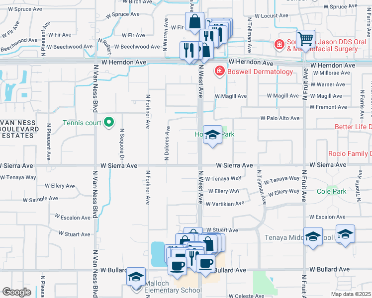 map of restaurants, bars, coffee shops, grocery stores, and more near 2052 West Menlo Avenue in Fresno