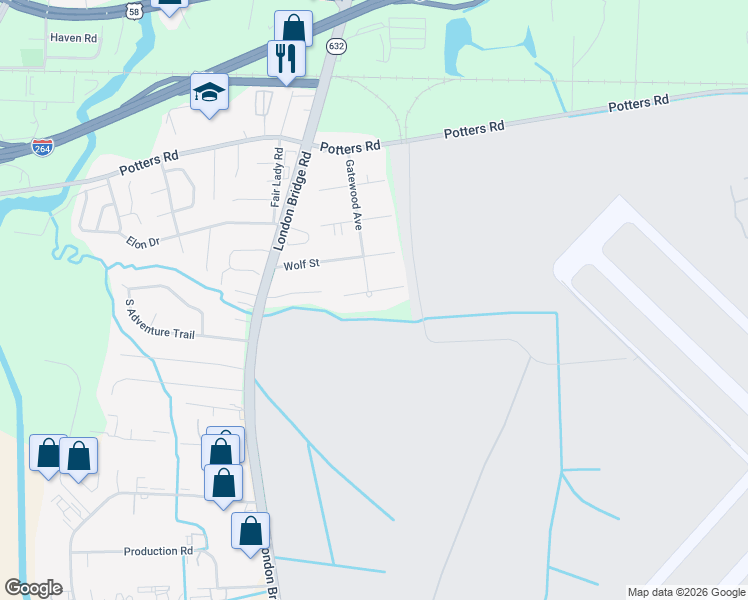 map of restaurants, bars, coffee shops, grocery stores, and more near 2229 Paris Street in Virginia Beach