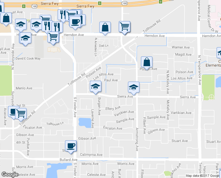 map of restaurants, bars, coffee shops, grocery stores, and more near 2011 Sierra Avenue in Clovis