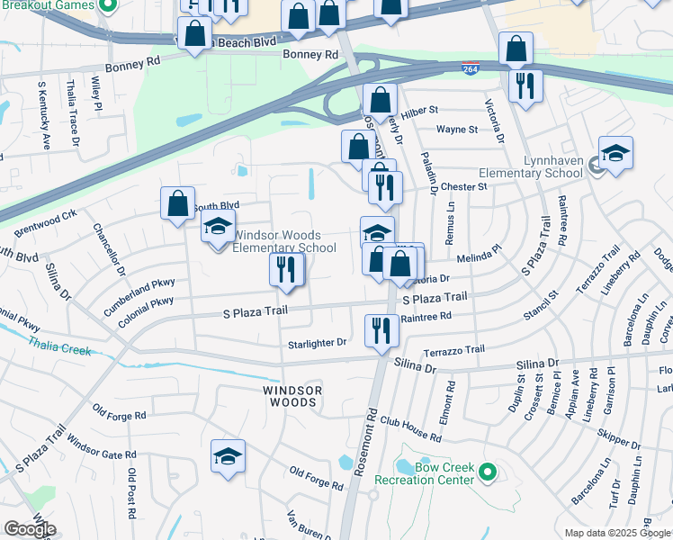 map of restaurants, bars, coffee shops, grocery stores, and more near 3604 Algonquin Court in Virginia Beach