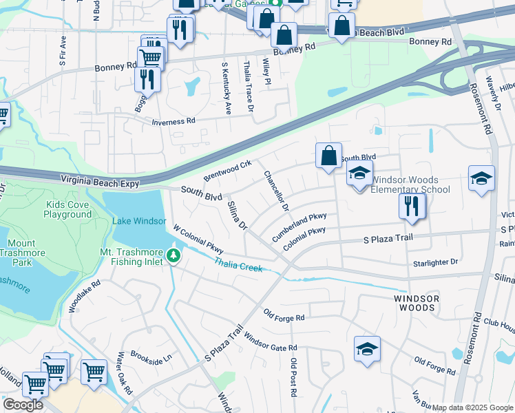 map of restaurants, bars, coffee shops, grocery stores, and more near 216 Green Springs Court in Virginia Beach
