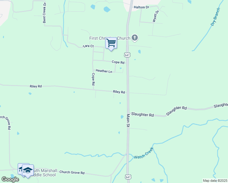 map of restaurants, bars, coffee shops, grocery stores, and more near 219 Riley Road in Benton