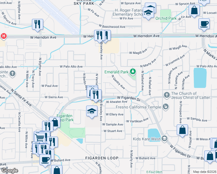 map of restaurants, bars, coffee shops, grocery stores, and more near 3764 West Della Lane in Fresno