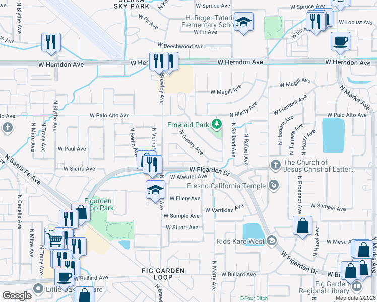 map of restaurants, bars, coffee shops, grocery stores, and more near 6454 North Alison Lane in Fresno