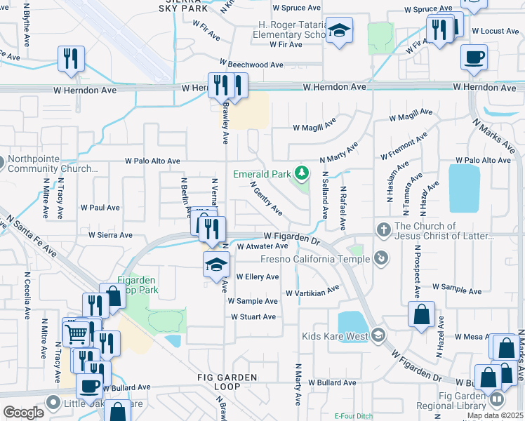 map of restaurants, bars, coffee shops, grocery stores, and more near 6454 North Alison Lane in Fresno