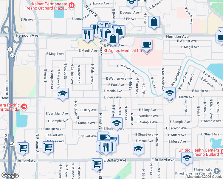 map of restaurants, bars, coffee shops, grocery stores, and more near 1074 East Menlo Avenue in Fresno