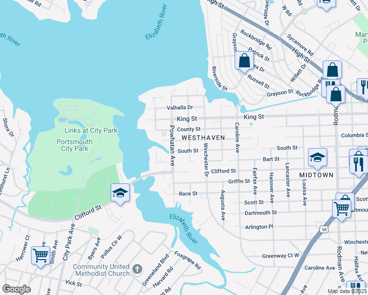 map of restaurants, bars, coffee shops, grocery stores, and more near 4602 South Street in Portsmouth