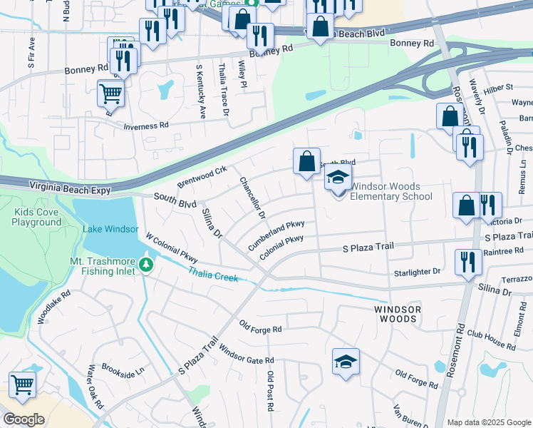 map of restaurants, bars, coffee shops, grocery stores, and more near 3844 William Penn Boulevard in Virginia Beach