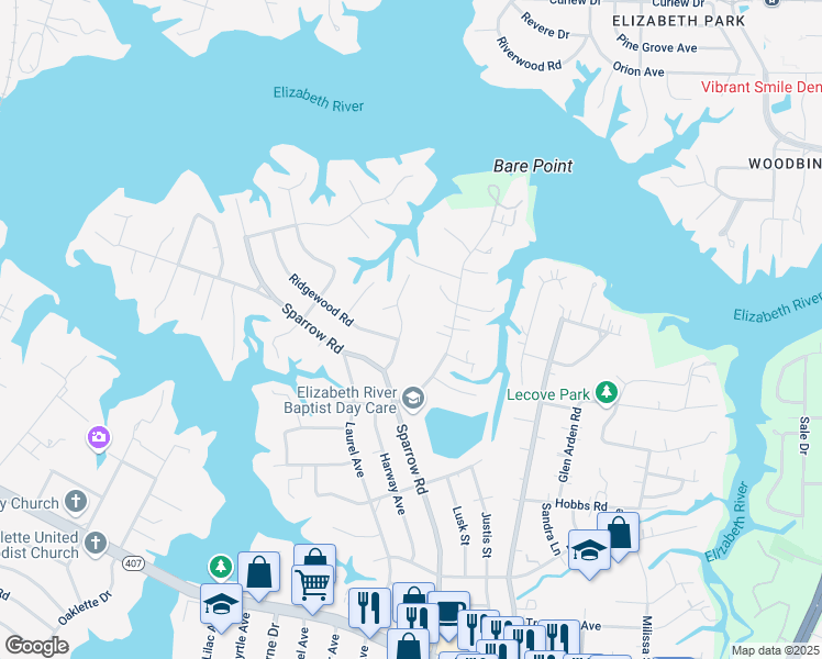 map of restaurants, bars, coffee shops, grocery stores, and more near 3524 Bow Street in Virginia Beach