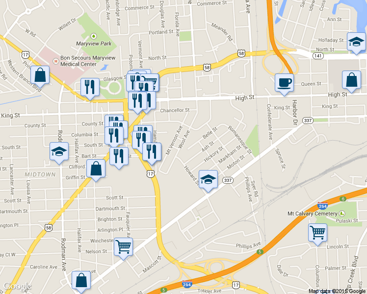 map of restaurants, bars, coffee shops, grocery stores, and more near 1437 Wool Avenue in Portsmouth