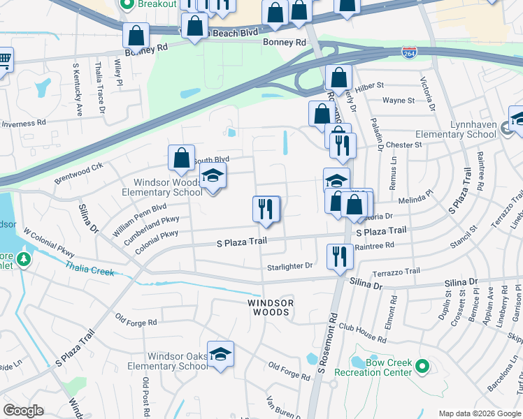 map of restaurants, bars, coffee shops, grocery stores, and more near 240 Presidential Boulevard in Virginia Beach