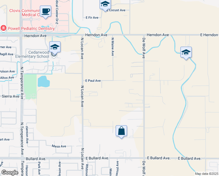 map of restaurants, bars, coffee shops, grocery stores, and more near 7709 East Paul Avenue in Clovis