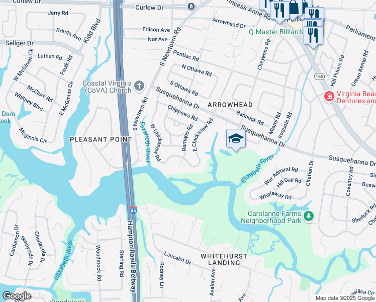 map of restaurants, bars, coffee shops, grocery stores, and more near 452 West Chickasaw Road in Virginia Beach