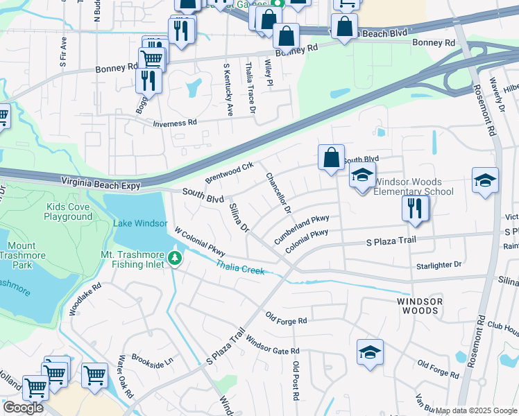 map of restaurants, bars, coffee shops, grocery stores, and more near 216 Green Springs Court in Virginia Beach