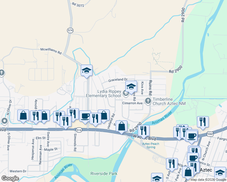 map of restaurants, bars, coffee shops, grocery stores, and more near 431 Heiland Road in Aztec