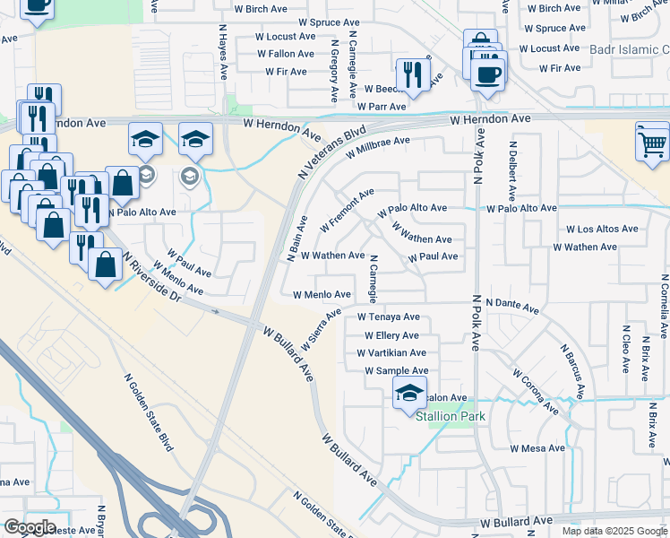 map of restaurants, bars, coffee shops, grocery stores, and more near 5858 West Paul Avenue in Fresno
