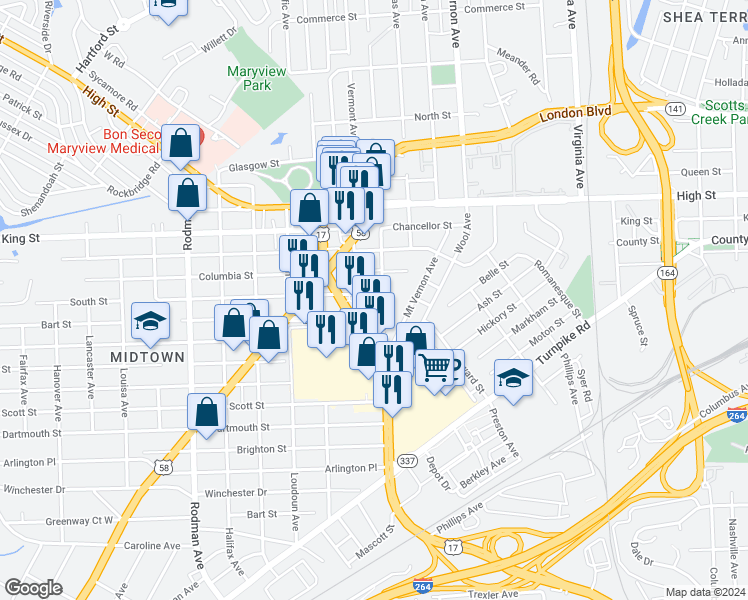 map of restaurants, bars, coffee shops, grocery stores, and more near 3113 South Street in Portsmouth