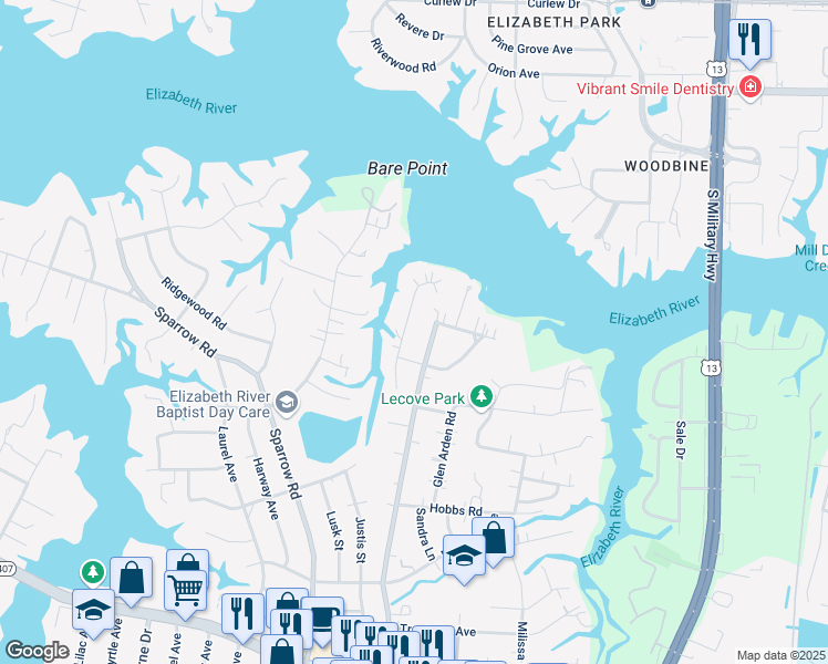map of restaurants, bars, coffee shops, grocery stores, and more near 3524 Byrn Brae Drive in Virginia Beach