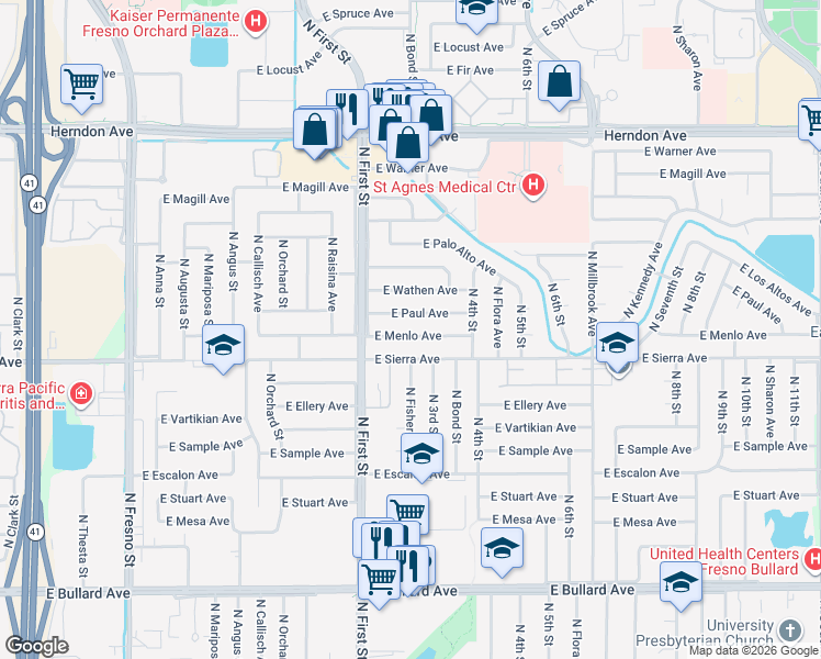 map of restaurants, bars, coffee shops, grocery stores, and more near 1074 East Menlo Avenue in Fresno