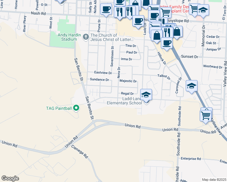 map of restaurants, bars, coffee shops, grocery stores, and more near 2015 Bridlewood Street in Hollister