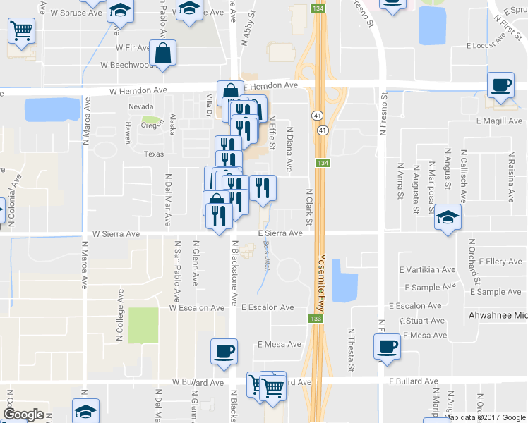 map of restaurants, bars, coffee shops, grocery stores, and more near 6450 North Blackstone Avenue in Fresno