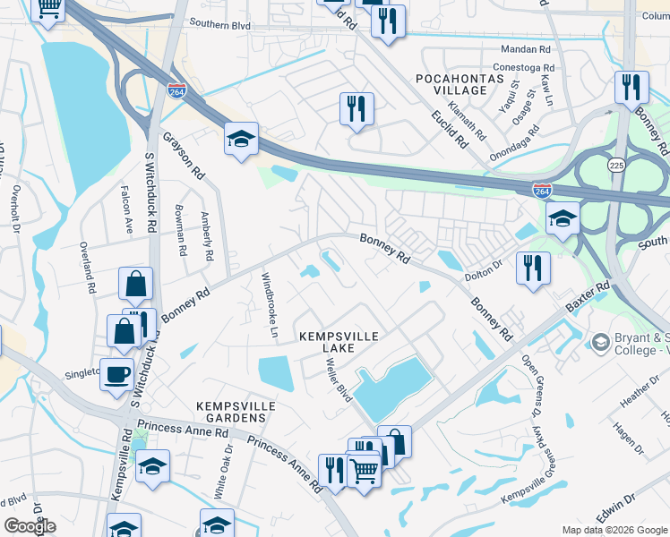 map of restaurants, bars, coffee shops, grocery stores, and more near 4948 Kemps Lake Drive in Virginia Beach