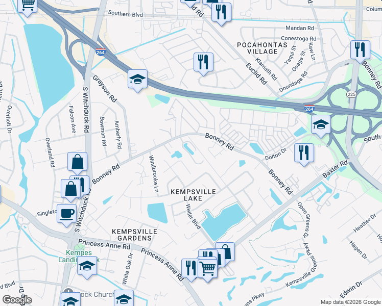 map of restaurants, bars, coffee shops, grocery stores, and more near 4948 Kemps Lake Drive in Virginia Beach