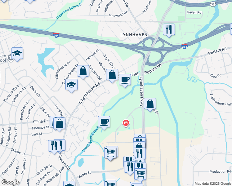 map of restaurants, bars, coffee shops, grocery stores, and more near 208 Golden Oak Court in Virginia Beach