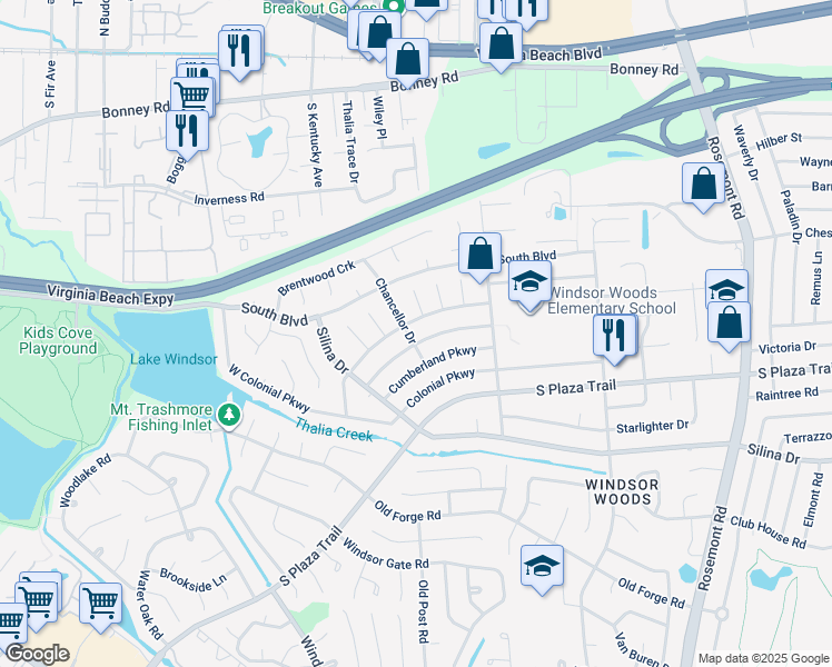 map of restaurants, bars, coffee shops, grocery stores, and more near 3840 William Penn Boulevard in Virginia Beach